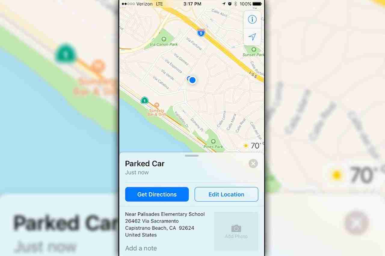 Visualizzazione della posizione dell auto parcheggiata sulla mappa di Apple Maps