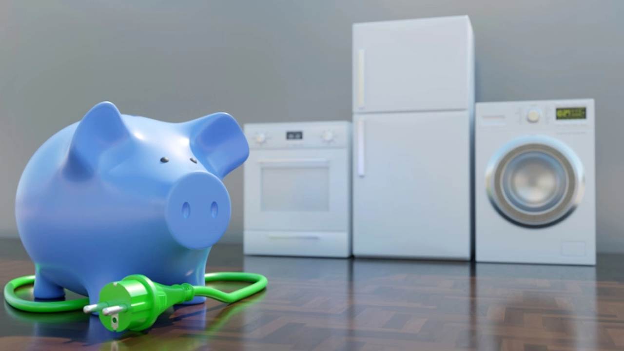Salvadanaio a forma di porcellino blu con sfondo dietro lavatrice forno e frigo