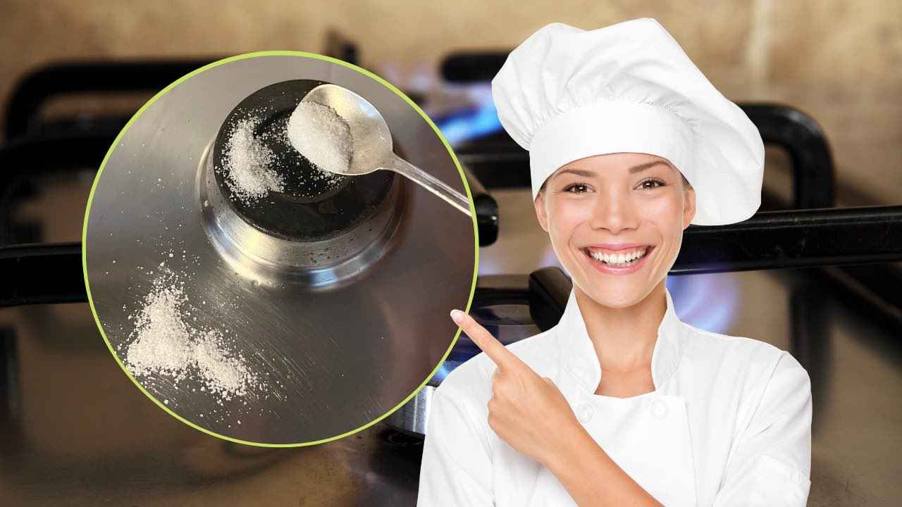 Chef indica un riguardo con immagine trucchetto del sale sui fornelli