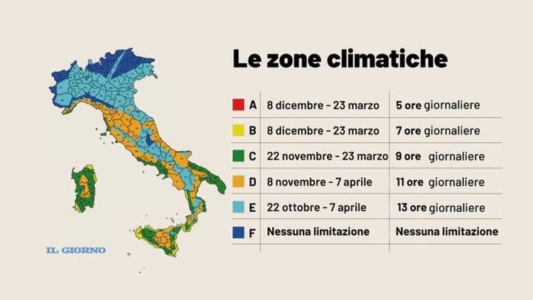 mappa e tabella delle zone climatiche e fascie orarie